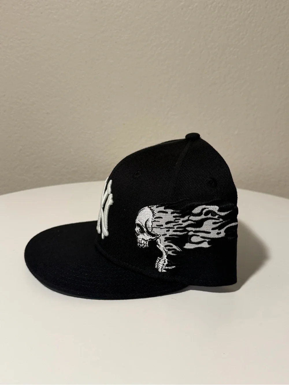 Black Kids Snapback Hat with White Skull Embroidery